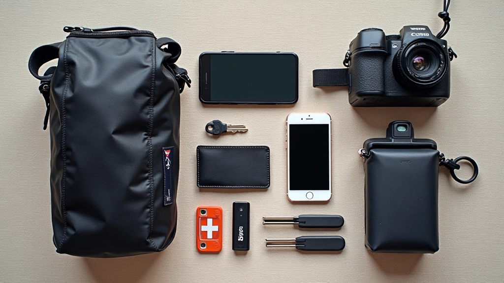 Objetos esenciales para ciclismo colocados sobre mesa: cartera, llavero, botiquín compacto, teléfono móvil y bolsa impermeable
